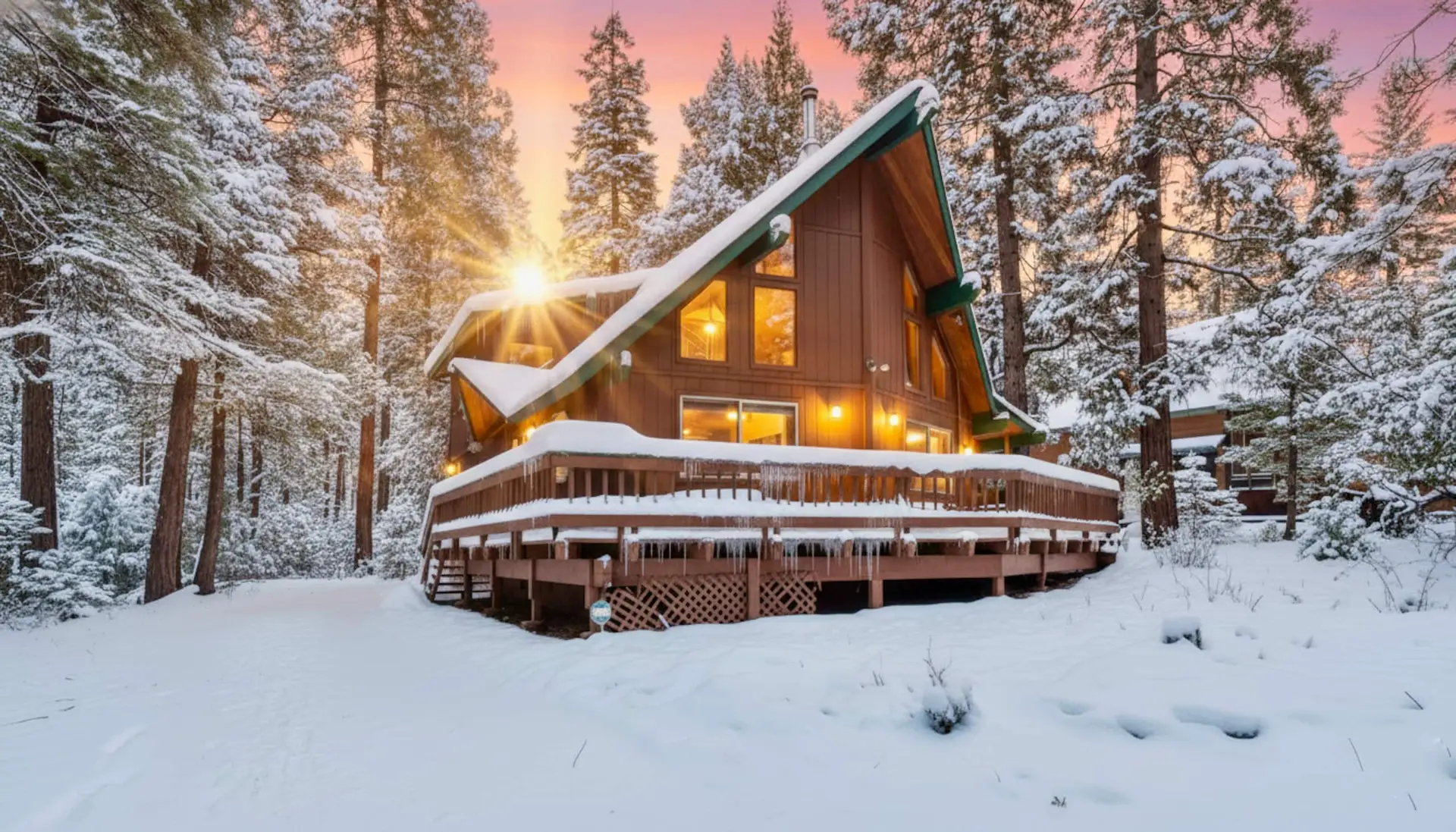 The A-frame chalet in snow at sunset among tall pines, Knotty Pine Chalet