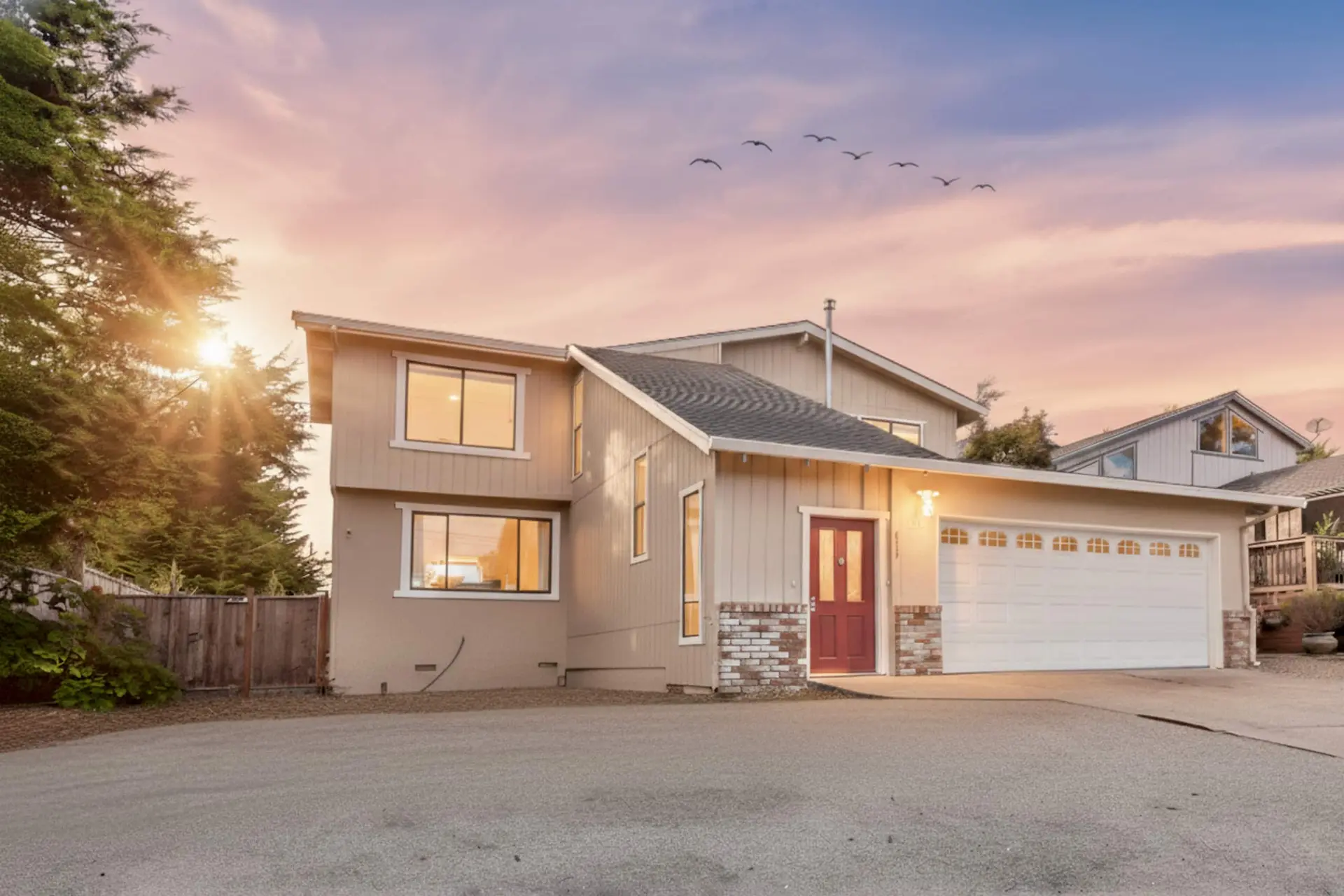 Front of the house and driveway at sunset, Moss Beach House