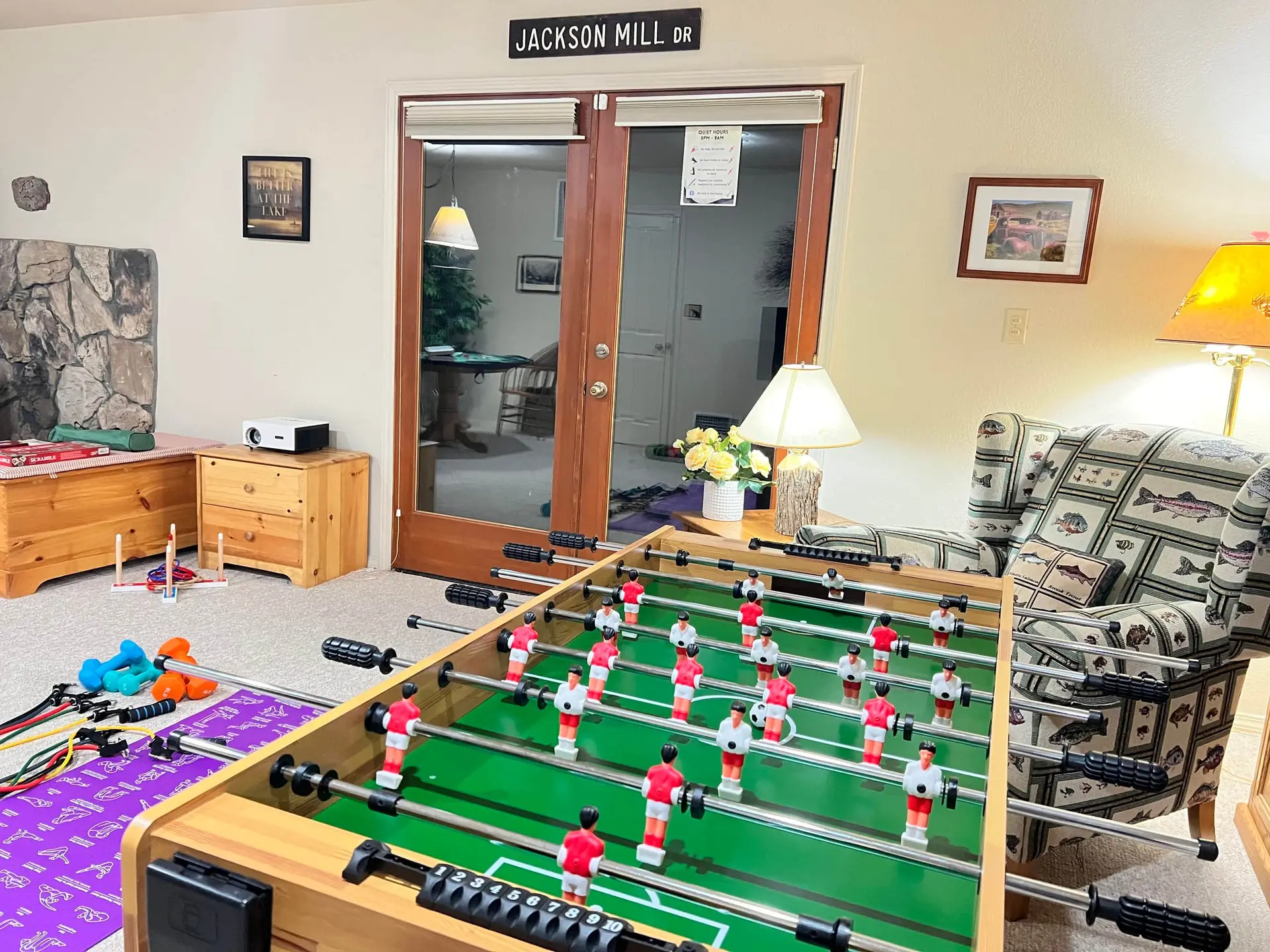 Game room with foosball and a play area, Pine Mountain Lake Cabin